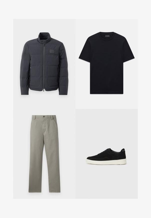 Juodas pūkuotas džemperis su aukštu kaklu, siuvinėta tekstūra ir priekiniais užtrauktukais. Yra mažas logotipo pleistras kairėje krūtinės pusėje ir šoniniai kišeniai.; Juoda trumpo rankovės marškinėliai su apvalia iškirpte, su subtiliu iškilniu logotipo dizainu viduryje krūtinės ir ženklu vidinėje apykaklės pusėje.; Šviesiai pilki medvilniniai kelnių, su tiesia forma, diržo kilpomis ir vienu mygtuko užsegimu liemens srityje.; Juodos veliūrinės sportinės bateliai su raištelių dizainu ir kontrastinga balta gumine padais. Yra tekstūruoti šoniniai skydeliai ir subtilus logotipas ant kulno.