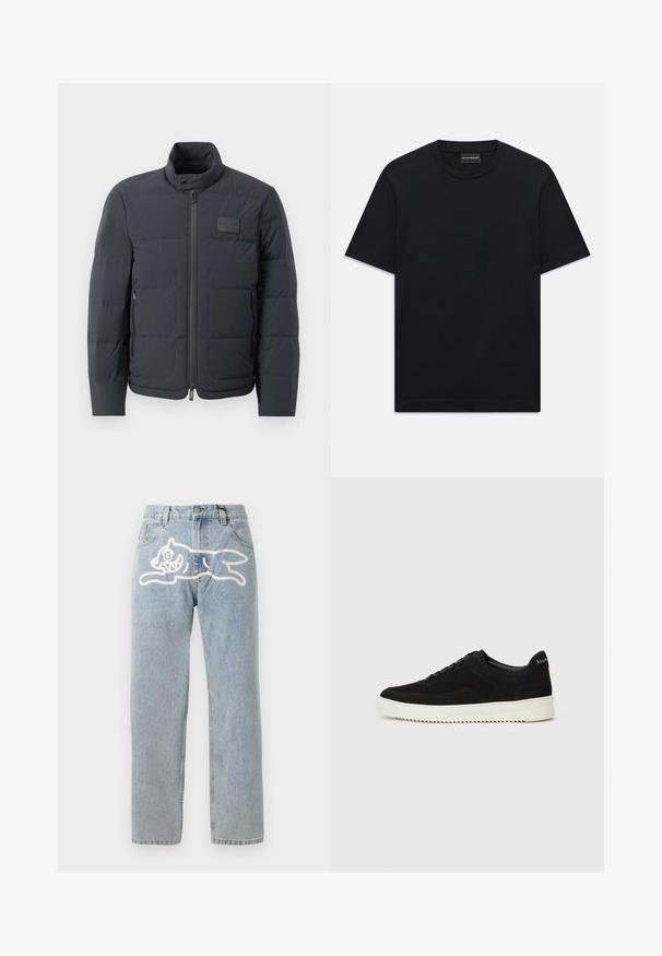 Černá péřová bunda s vysokým límcem, prošívanou strukturou a předním zipem. Obsahuje malé logo na levé straně hrudi a boční kapsy.; Černé tričko s krátkým rukávem a kulatým výstřihem s jemně embosovaným logem umístěným na hrudi a brandovanou štítkovou etiketou uvnitř límce.; Světle modré džíny z denimu se střihovou rovnou siluetou, s velkým bílým grafickým motivem kočky na zadní straně. Klasický design se pěti kapsami.; Černé semišové tenisky s krajkovým designem a kontrastní bílou gumovou podrážkou. Obsahují texturované boční panely a jemné branding na patě.