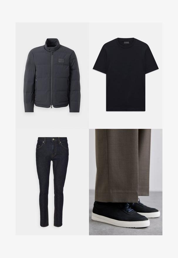 Fekete steppelt dzseki magas gallérral, steppelt textúrával és elülső cipzárral. Bal mellkason egy kis logófolt található, valamint oldalsó zsebek.; Fekete, rövid ujjú, kerek nyakú póló, amelyen a mellkason finoman domború logó található, valamint egy márkás címke a nyakában.; Sötétkék farmernadrág, testhezálló fazonban, öt zsebbel és kontrasztos sárga steppelés a varrások mentén. Klasszikus egyenes szárú stílus.; Fekete velúr sportcipők fehér gumitalppal, kerek orrú, fűzős kialakítással, szürke, szabott nadrággal párosítva.