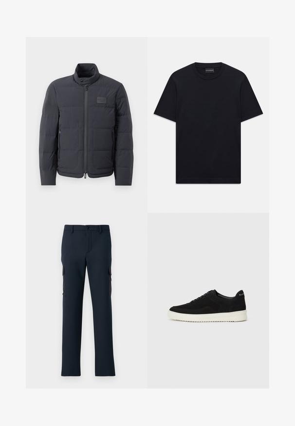 Črna napihnjena jakna z visokim ovratnikom, prešito teksturo in sprednjim zadrgo. Ima majhno logo nalepko na levem prsnem delu in stranske žepe.; Črna kratka majica s kratkimi rokavi z okroglim izrezom, z diskretno embosirano logotipno zasnovo, ki je osredotočena na prsih, ter oznako blagovne znamke znotraj ovratnika.; Temno modri cargo hlače iz gladkega materiala, ki imajo stranske žepke, sprednje zapiranje na gumb in ravne nogavice.; Črni semiš teniški copati z vezalkami in kontrastnim belim gumijastim podplatom. Imajo teksturirane stranske panele in subtilno oznako na peti.
