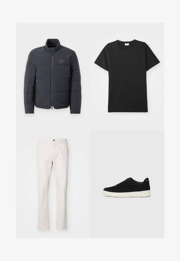 Zwarte pufferjack met een hoge kraag, gewatteerde textuur en een rits aan de voorkant. Beschikt over een klein logo-opdruk op de linkerborst en zijzakken.; Zwart T-shirt met korte mouwen en een ronde halslijn, gemaakt van gladde katoenen stof. Eenvoudig ontwerp zonder patronen of accenten.; Beige katoenmengsel broeken met een rechte snit, voorzien van een sluiting met een voorknoop, riemlussen en een minimalistisch ontwerp. Soepele textuur.; Zwarte suède sneakers met vetersluiting en contrasterende witte rubberen zool. Voorzien van textuurpanelen aan de zijkanten en subtiele branding op de hiel.
