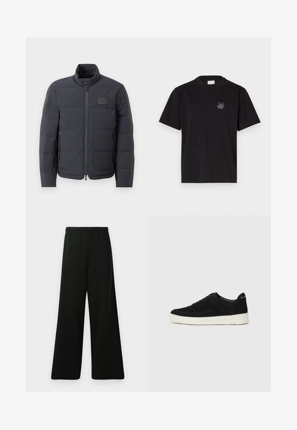 Černá péřová bunda s vysokým límcem, prošívanou strukturou a předním zipem. Obsahuje malé logo na levé straně hrudi a boční kapsy.; Černé bavlněné tričko s kulatým výstřihem a krátkými rukávy. Na levé části hrudi se nachází malé modré logo. Jednoduchý, rovně střižený design.; Černé kalhoty s širokými nohavicemi vyrobené z měkké tkaniny. Mají elastický pas, hladkou strukturu a jednoduchý, moderní design bez vzorů.; Černé semišové tenisky s krajkovým designem a kontrastní bílou gumovou podrážkou. Obsahují texturované boční panely a jemné branding na patě.