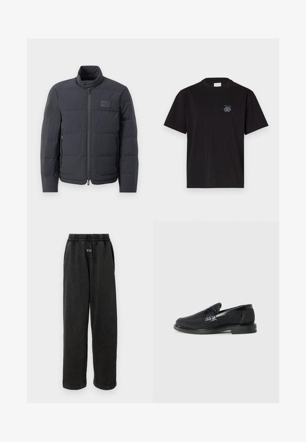 Zwarte pufferjack met een hoge kraag, gewatteerde textuur en een rits aan de voorkant. Beschikt over een klein logo-opdruk op de linkerborst en zijzakken.; Zwarte katoenen T-shirt met een ronde hals en korte mouwen. Heeft een klein blauw logo op de linkerkant van de borst. Eenvoudig, recht gesneden ontwerp.; Zwarte joggingbroek met een elastische tailleband, verstelbare trekkoord, zijzakken en een wijd beenontwerp. Zachte, gestructureerde stof.; Zwartegeweven instap schoenen met een glad leren accent aan de bovenkant, een ronde neusontwerp en een laag profiel rubberen zool.
