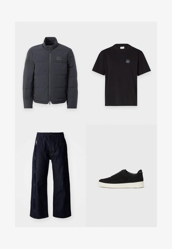 Must musternakk, millel on kõrge kaelus, tikkimise tekstuur ja esi tõmblukk. Iseloomustab väike logopatch vasakul rinnal ja küljetaskud.; Must mustaga T-särk, millel on ümar kaelus ja lühikesed varrukad. Vasakul rinnal on väike sinine logo. Lihtne, sirge lõikega disain.; Tumed sinine teksapüksid laia jalgade lõikega, kontrastsete õmblustega ja tikandiga esikoti peal. Sile tekstuur.; Mustad suede jooksujalatsid, millel on paelad ja kontrastne valge kummitald. Omab tekstuuriga külgpaneele ja tagasihoidlikku brändimist kandadel.