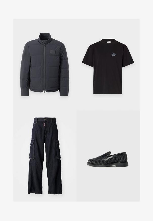 Melna pūkaina jaka ar augstu apkakli, quiltota tekstūra un priekšējo rāvējslēdzēju. Iekļauj mazu logotipa plāksteri kreisajā krūtī un sānu kabatas.; Melna kokvilnas T-kreklu ar apaļu kaklu un īsām piedurknēm. Saturs mazu zilu logotipu kreisajā krūtī. Vienkāršs, taisns griezums.; Tumši zili denima kravas bikses ar platām kājām, kas satur lielus sānu kabatas un priekšējo pogu aizdari. Smaga auduma, dzelteni dūrieni akcenti.; Melnas austas slaidu kurpes ar gludu ādas akcentu augšpusē, apaļas formas purngalu un zemas profila gumijas zoli.