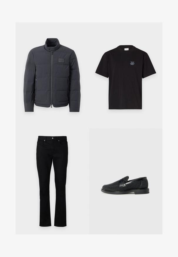 Černá péřová bunda s vysokým límcem, prošívanou strukturou a předním zipem. Obsahuje malé logo na levé straně hrudi a boční kapsy.; Černé bavlněné tričko s kulatým výstřihem a krátkými rukávy. Na levé části hrudi se nachází malé modré logo. Jednoduchý, rovně střižený design.; Černé džíny se středním pasem a rovnými nohavicemi, obsahující pět kapes a kovové akcenty. Hladká textura.; Černé pletené nazouvací boty s hladkým koženým akcentem na svršku, kulatou špičkou a nízkoprofilovou gumovou podrážkou.