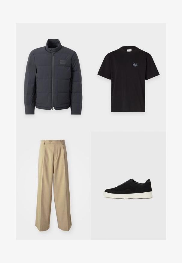 Musta puffatakki korkealla kauluksella, tikattu pinta ja vetoketju edessä. Sisältää pienen logopatchin vasemmassa rinnassa sekä sivutaskut.; Mustikka puuvillapaita, jossa on pyöreä kaula-aukko ja lyhyet hihat. Vasemmassa rinnassa pieni sininen logo. Yksinkertainen, suora leikkaus.; Beige leveleitarfólar með háum mitti, tveimur framfaldum og einni hnappalokan. Framleiddir úr áferðarfabriku með daufu mynstri.; Mustat mokkakengät nauhoilla ja kontrastivalkoisella kumipohjalla. Varustettu teksturoiduilla sivupaneeleilla ja huomaamattomalla brändäyksellä kantapäässä.