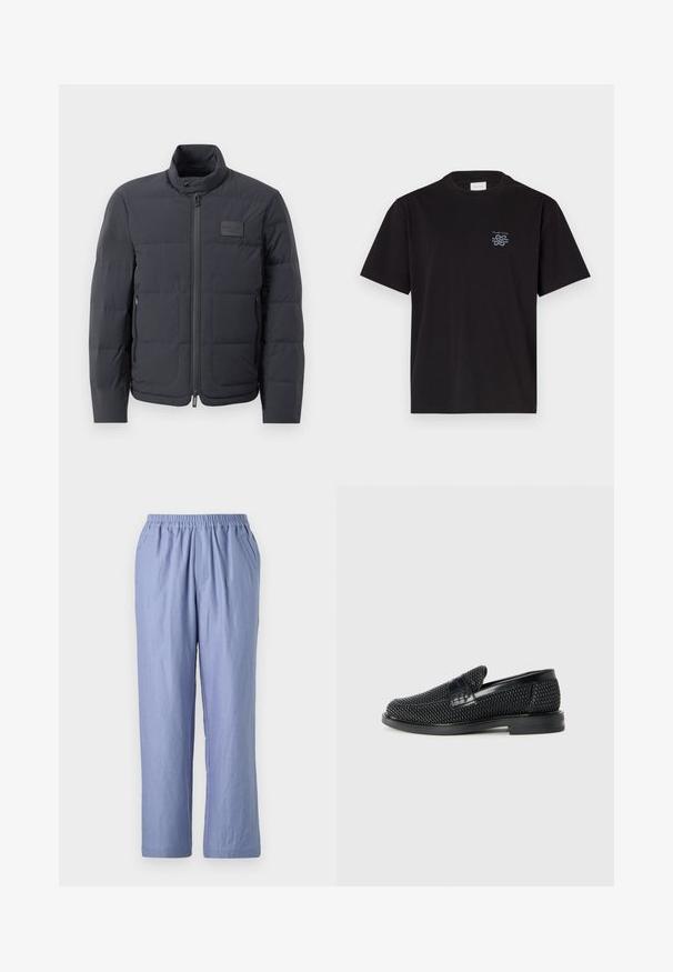 Must musternakk, millel on kõrge kaelus, tikkimise tekstuur ja esi tõmblukk. Iseloomustab väike logopatch vasakul rinnal ja küljetaskud.; Must mustaga T-särk, millel on ümar kaelus ja lühikesed varrukad. Vasakul rinnal on väike sinine logo. Lihtne, sirge lõikega disain.; Kerged sinised, vabalt langevad püksid elastse vöökohtaga, kahe küljetaskuga ja sirgete jalgadega. Valmistatud pehmest kangast, millel on sile tekstuur.; Must musta kootud slip-on king, millel on pehme nahast accent ülaserval, ümmargune varvas ja madal profiiliga kummitald.