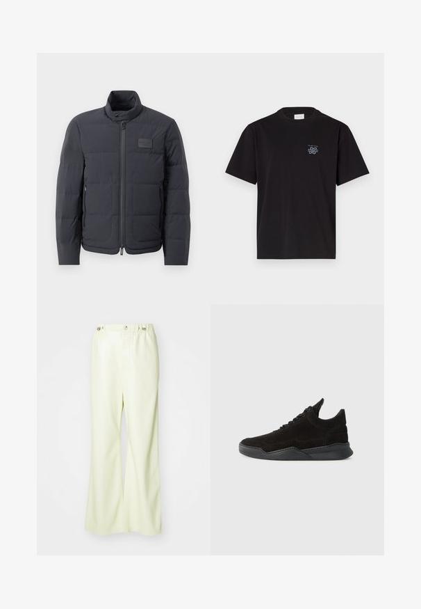 Doudoune noire avec un col montant, texture matelassée et fermeture éclair à l'avant. Elle possède une petite étiquette avec logo sur la poitrine gauche et des poches latérales.; T-shirt en coton noir avec un col rond et des manches courtes. Présente un petit logo bleu sur la poitrine gauche. Design simple et droit.; Pantalons larges vert clair en tissu lisse et légèrement brillant. Comprend une taille élastique avec bouton, avec un design propre et ajusté.; Baskets en suede noir avec un profil bas, une upper texturée, des lacets plats, et une semelle en caoutchouc solide dotée d'un léger talon et d'un design incurvé.