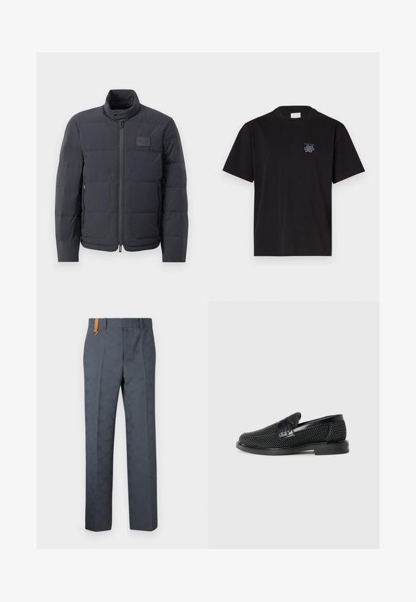 Schwarze Daunenjacke mit hohem Kragen, gestepptem Muster und einem Reißverschluss vorne. Verfügt über ein kleines Logopatch auf der linken Brust und seitliche Taschen.; Schwarzes Baumwoll-T-Shirt mit Rundhalsausschnitt und kurzen Ärmeln. Mit einem kleinen blauen Logo auf der linken Brust. Einfaches, gerade geschnittenes Design.; Grau gemusterte Hose mit glatter Textur, mit flacher Vorderseite und einem braunen Lederrand am Bund. Maßgeschneiderte Passform mit geraden Beinen.; Schwarzer geflochtener Slipper mit einem glatten Lederakzent im Obermaterial, einem runden Zehendesign und einer flachen Gummisohle.