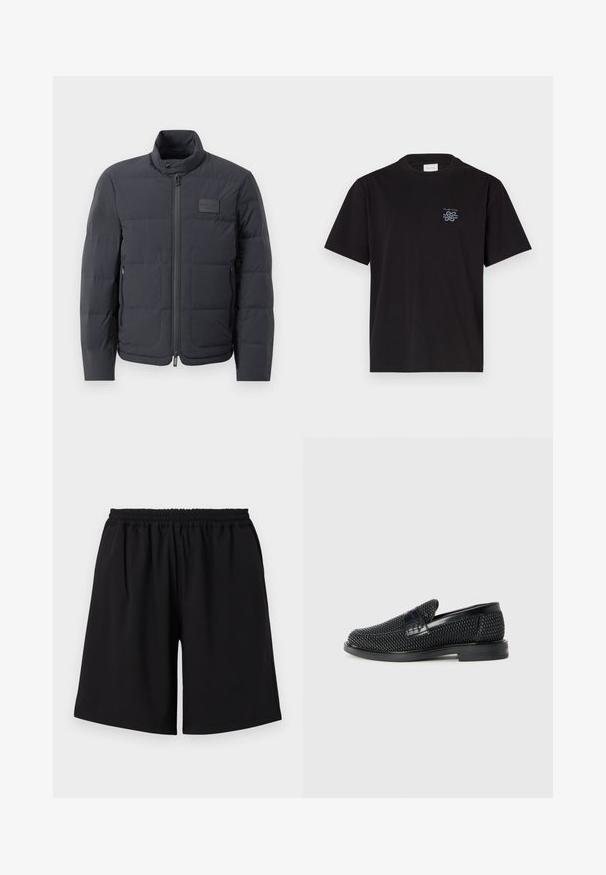 Černá péřová bunda s vysokým límcem, prošívanou strukturou a předním zipem. Obsahuje malé logo na levé straně hrudi a boční kapsy.; Černé bavlněné tričko s kulatým výstřihem a krátkými rukávy. Na levé části hrudi se nachází malé modré logo. Jednoduchý, rovně střižený design.; Černé sportovní šortky vyrobené z lehkého materiálu. Mají elastický pas a volný střih bez kapes.; Černé pletené nazouvací boty s hladkým koženým akcentem na svršku, kulatou špičkou a nízkoprofilovou gumovou podrážkou.