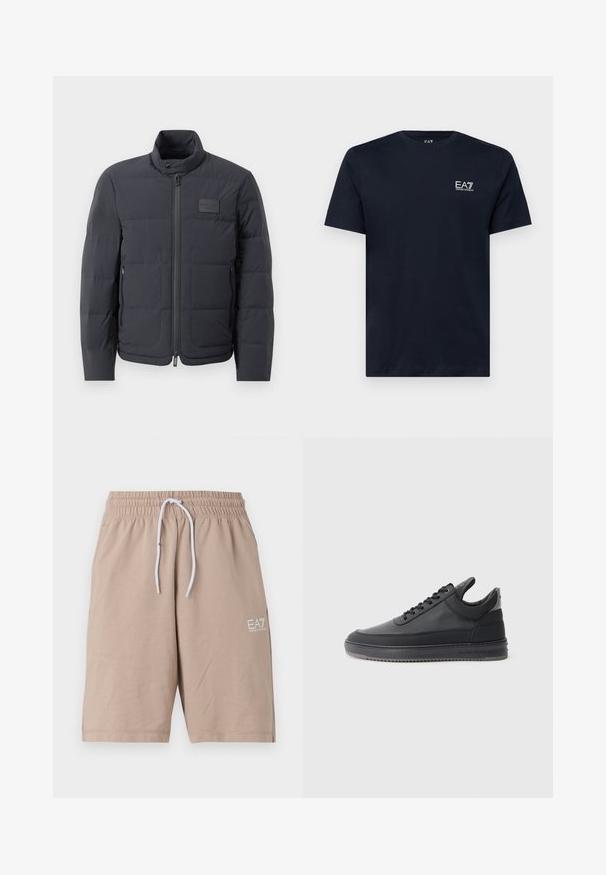 Čierna puffová bunda s vysokým golierom, prešívanou textúrou a predným zipsom. Obsahuje malú nášivku loga na ľavej hrudi a bočné vrecká.; Námornícka modrá bavlnená tričko s krátkymi rukávmi, okrúhlym výstrihom a malým bielym vyšitým logom na ľavej hrudi. Hladká textúra.; Béžové šortky z mäkkej tkaniny s elastickým pásom, bielymi šnúrkami a malým bielym logom EA7 na boku.; Čierne kožené tenisky s textúrovaným povrchom, viazacím dizajnom, nízkym strihom a šedou gumovou podrážkou s drážkovaným okrajom.