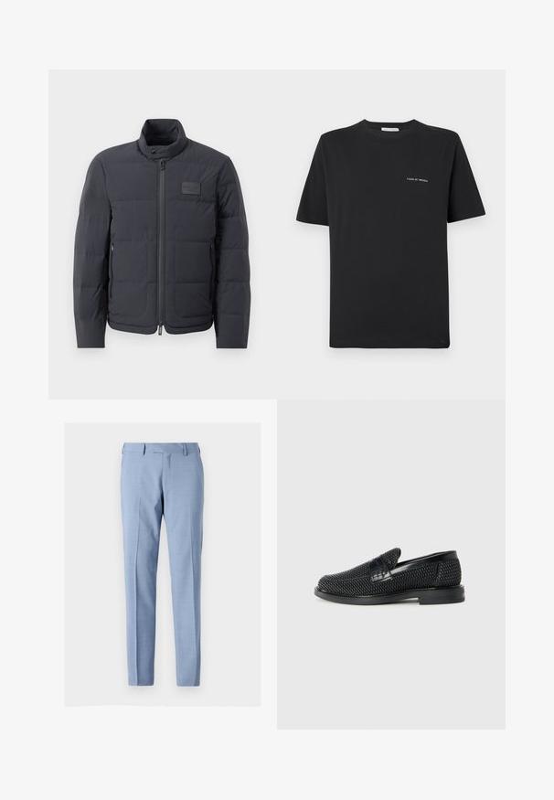 Jachetă puf neagră cu guler înalt, textură matlasată și fermoar frontal. Are un badge logo mic pe pieptul stâng și buzunare laterale.; Tricou negru din bumbac cu guler rotund, mâneci scurte și un mic logo alb "TIGER OF SWEDEN" pe piept. Croială clasică.; Pantaloni dintr-un material ușor în nuanță de albastru deschis, cu un design drept, buzunare frontale și o textură subtilă pe întreaga suprafață.; Pantofii negri din material textil, cu accent din piele netedă pe partea superioară, design cu vârf rotund și talpă din cauciuc de profil redus.