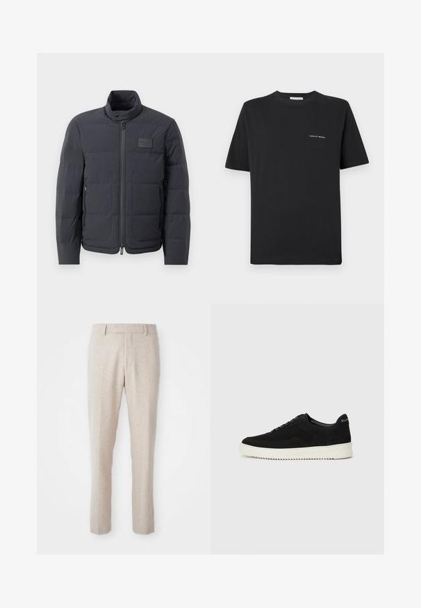 Melna pūkaina jaka ar augstu apkakli, quiltota tekstūra un priekšējo rāvējslēdzēju. Iekļauj mazu logotipa plāksteri kreisajā krūtī un sānu kabatas.; Melna kokvilnas T-kreklu ar apaļu kakla izgriezumu, īsām piedurknēm un mazu balto "TIGER OF SWEDEN" logotipu uz krūtīm. Klasiskā piegriezuma.; Bēša auduma bikses ar taisnu piegriezumu, ar platu priekšpusi, jostu cilpiņām un bez redzamām rakstu vai aparatūras detaļām.; Melnas zamšas kedas ar auklām un kontrastējošu baltu gumijas zoli. Iekļauj teksturētas sānu panēles un diskretu zīmolu uz papēža.