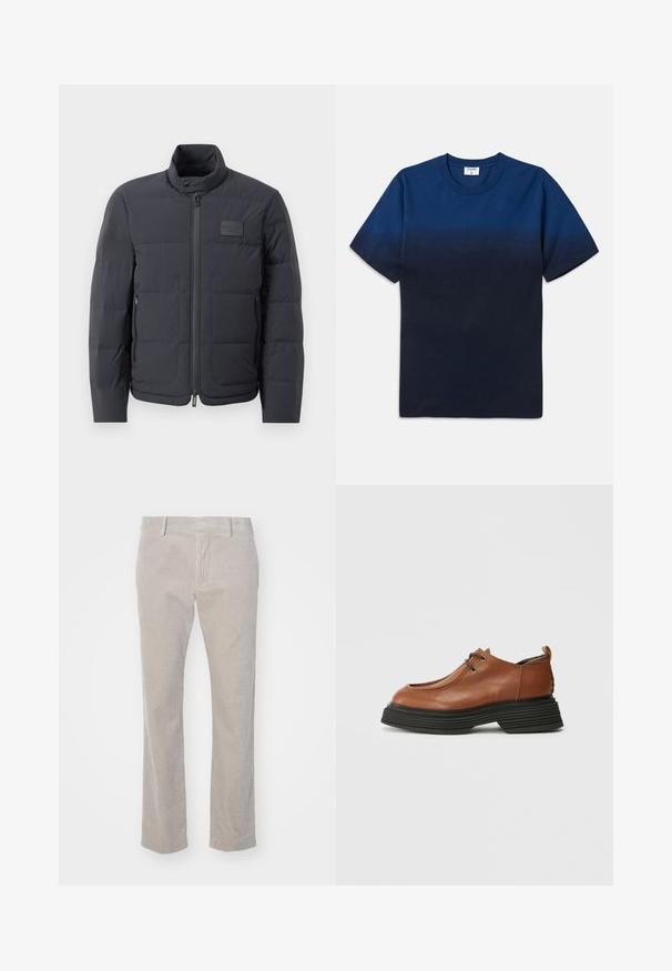 Chaqueta acolchada negra con cuello alto, textura acolchada y cierre frontal. Presenta un pequeño parche con logo en el pecho izquierdo y bolsillos laterales.; Camiseta de algodón azul marino con cuello redondo, mangas cortas y un diseño de degradado sutil que va de tonos más claros a más oscuros.; Pantalones de pana beige con textura acanalada vertical, corte recto y cintura estándar. Incluye bolsillos frontales y trabillas para cinturón.; Zapato de cuero marrón con punta redondeada, diseño con cordones y suela gruesa en capas negras. Destaca por su silueta estructurada y textura.