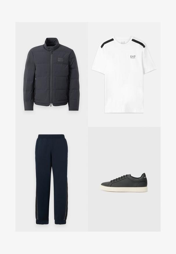 Crna puf jakna s visokim ovratnikom, kviltanom teksturom i prednjim zatvaračem. Ima mali logotip na lijevoj strani prsnog dijela i bočne džepove.; Bijela majica kratkih rukava s crnim naglascima na ramenima. Ima mali crni logotip na prsima. Izrađena od mekog, glatkog materijala.; Mornarice trenirke sa mekim teksturom, suženi donji dijelovi i mrežasti bočni paneli. Elastični pojas za udobnost i ležeran kroj.; Crna kožna tenisica s niskim profilom, zaobljenim prstima i vezanjem; ima teksturiranu gumenu potplatu i detalj s logotipom na peti.