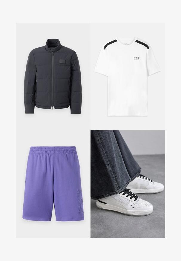 Svart puffjacka med hög krage, quiltad textur och dragkedja framtill. Har en liten logotipp på vänster bröst och sidfickor.; Vit kortärmad t-shirt med svarta accentremsor på axlarna. Har en liten svart logotyp på bröstet. Tillverkad av mjukt, slätt tyg.; Lila sportshorts i mjukt material, med elastisk midja och prägling av logotypen på sidan för extra design.; Vita sneakers med svarta snören och nätdetaljer. Har en slät läderöverdel och en texturerad gummisula. Parat med vida grå jeans.