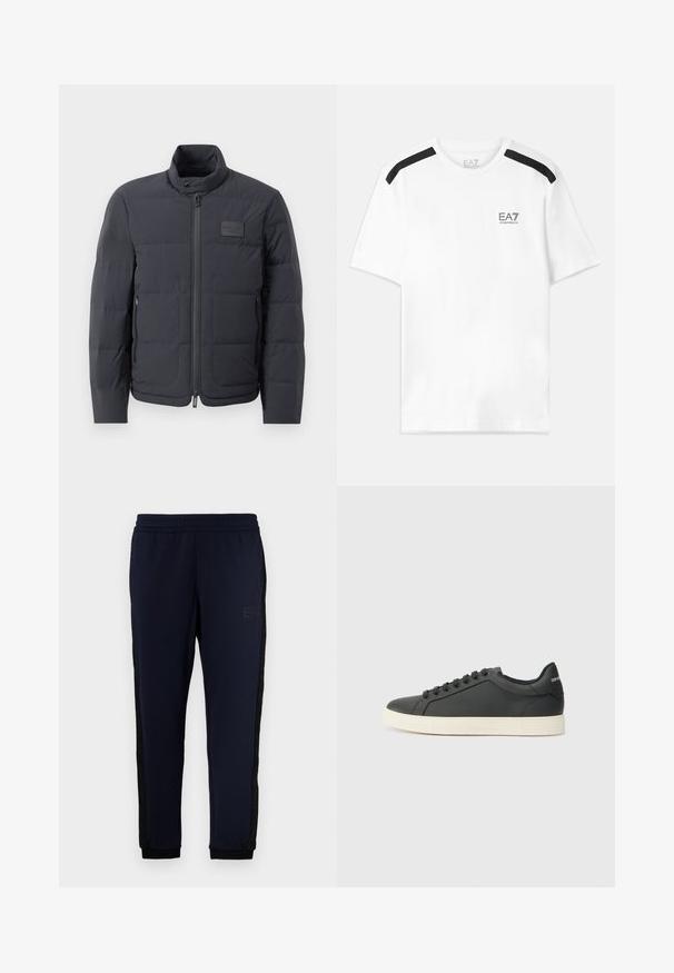 Black puffer jacket with a high collar, quilted texture, and a front zipper. Features a small logo patch on the left chest and side pockets.; White short-sleeve t-shirt with black accent stripes on the shoulders. Features a small black logo on the chest. Made of soft, smooth fabric.; Navy jogger pants with an elastic waist, tapered cuffs, and black side stripes featuring a subtle logo detail. Soft, lightweight fabric.; Black leather sneaker with a low profile, rounded toe, and lace-up closure; features a textured rubber sole and logo detail on the heel.