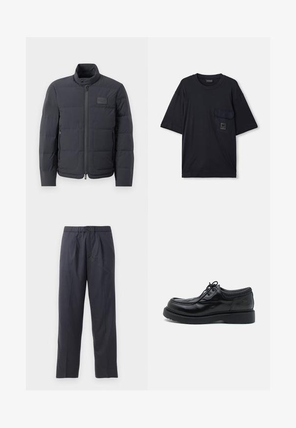 Črna napihnjena jakna z visokim ovratnikom, prešito teksturo in sprednjim zadrgo. Ima majhno logo nalepko na levem prsnem delu in stranske žepe.; Črna kratkosleeve majica s krožnim izrezom in žepom na levem prsnem delu, ki vsebuje majhen pravokotni logotip.; Temno modri hlače iz mehkega materiala z nabranim sprednjim delom in elastičnim pasom. Imajo gumbasto zapiranje in ravno krojene hlačnice.; Črne usnjene čevlje s okroglo točko in debelim gumijastim podplatom. Imajo pleteno ovratnico in ukrivljeno šivanje po zgornjem delu.