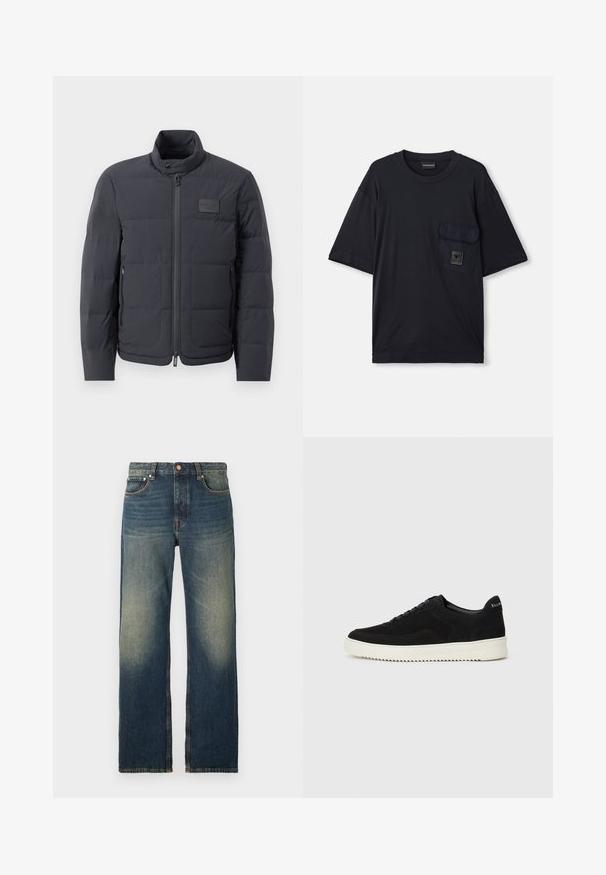 Melna pūkaina jaka ar augstu apkakli, quiltota tekstūra un priekšējo rāvējslēdzēju. Iekļauj mazu logotipa plāksteri kreisajā krūtī un sānu kabatas.; Melnas īsām piedurknēm kreklu ar apaļu kakla izgriezumu un kabatu uz kreisā krūšu, kas ļauj redzēt nelielu taisnstūra formas logo plāksteri.; Tie-dzemes bikses ar taisnu kāju, kas raksturo izbalējušu apdari, kontrastējošām šuvēm, piecām kabatām un tradicionālu pogu un rāvējslēdzēja aizdari.; Melnas zamšas kedas ar auklām un kontrastējošu baltu gumijas zoli. Iekļauj teksturētas sānu panēles un diskretu zīmolu uz papēža.