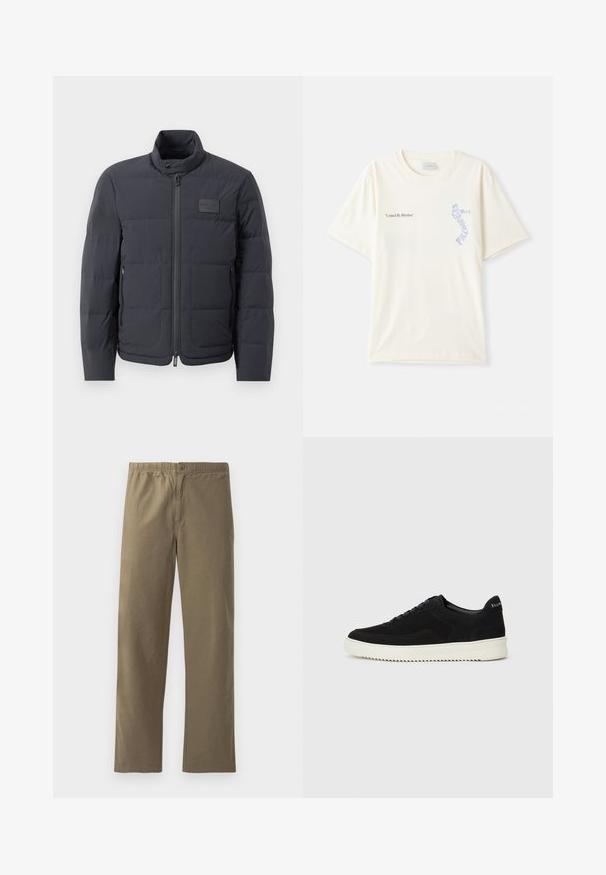 Must musternakk, millel on kõrge kaelus, tikkimise tekstuur ja esi tõmblukk. Iseloomustab väike logopatch vasakul rinnal ja küljetaskud.; Valge puuvillane t-särk lühikeste varrukatega, millel on rinnal musta ja sinise graafikaga tekst "United By Rhythm". Ümmargune kaelus.; Kergest kangast khaki püksid. Omavad elastset vööd, nupuga sulgemist, sirgeid jalgu ja siledat tekstuuri.; Mustad suede jooksujalatsid, millel on paelad ja kontrastne valge kummitald. Omab tekstuuriga külgpaneele ja tagasihoidlikku brändimist kandadel.