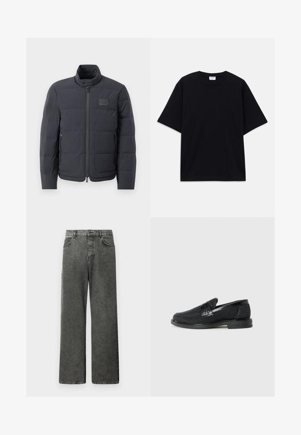 Chaqueta acolchada negra con cuello alto, textura acolchada y cierre frontal. Presenta un pequeño parche con logo en el pecho izquierdo y bolsillos laterales.; Camiseta oversized de manga corta en negro con escote redondo y etiqueta de la marca Filippa K visible en el interior del cuello.; Vaqueros de mezclilla negros de pierna ancha con bolsillos delanteros y traseros, trabillas para cinturón y cierre de botón en la cintura.; Zapato negro de tejido con un acento de cuero suave en la parte superior, diseño de punta redonda y suela de goma de perfil bajo.