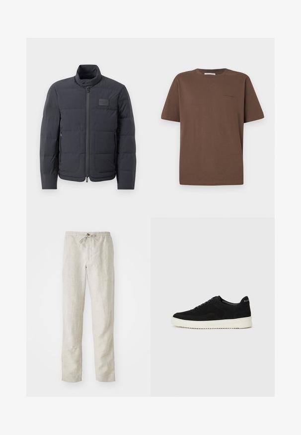 Black puffer jacket with a high collar, quilted texture, and a front zipper. Features a small logo patch on the left chest and side pockets.; Brown cotton t-shirt with a round neckline, short sleeves, and a small logo printed on the front. Flat fabric texture, casual fit.; Light beige linen pants with a straight leg design, elastic waistband, adjustable drawstring, and no visible patterns or hardware.; Black suede sneaker with lace-up design and contrasting white rubber sole. Features textured side panels and subtle branding on the heel.