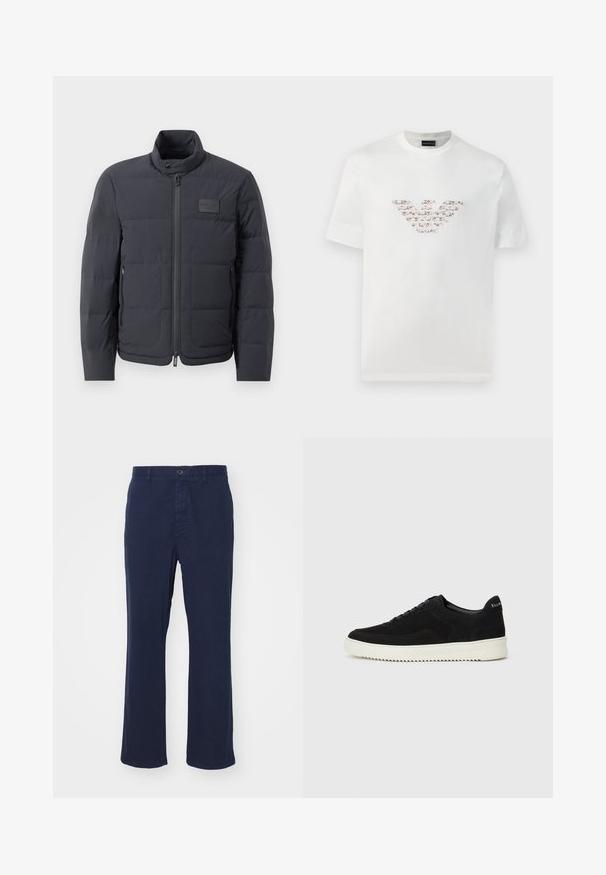 Black puffer jacket with a high collar, quilted texture, and a front zipper. Features a small logo patch on the left chest and side pockets.; White cotton t-shirt with short sleeves and a crew neckline. Features a central logo design in pink and brown shades.; Navy blue cotton trousers with a straight leg design, featuring a front button closure and side pockets. Smooth texture with minimal detailing.; Black suede sneaker with lace-up design and contrasting white rubber sole. Features textured side panels and subtle branding on the heel.