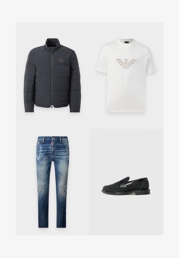 Must musternakk, millel on kõrge kaelus, tikkimise tekstuur ja esi tõmblukk. Iseloomustab väike logopatch vasakul rinnal ja küljetaskud.; Valge puuvillane T-särk lühikeste varrukatega ja ringkaelusega. Omab keskmist logo kujundust roosa ja pruuni värvitoonis.; Tumedat sinised denim püksid, millel on kulumisehenticated alad, kantud plaastrid ja valge värvi pritsmed. Otse jala disain klassikalise viie tasku ülesehitusega.; Must musta kootud slip-on king, millel on pehme nahast accent ülaserval, ümmargune varvas ja madal profiiliga kummitald.