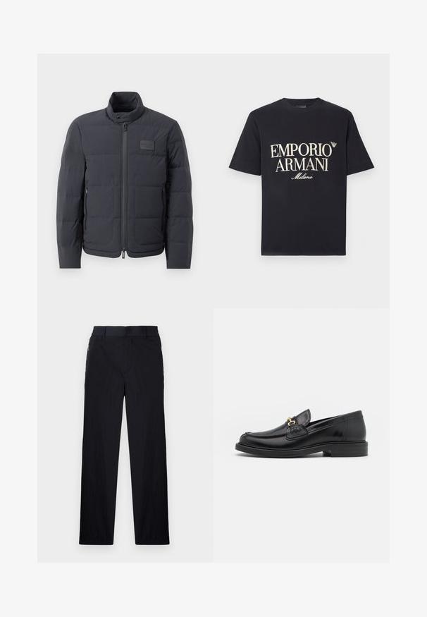 Juodas pūkuotas džemperis su aukštu kaklu, siuvinėta tekstūra ir priekiniais užtrauktukais. Yra mažas logotipo pleistras kairėje krūtinės pusėje ir šoniniai kišeniai.; Juoda medvilninė marškinėliai su dideliu kontrastu išsiskiriančiu kreminės spalvos „EMPORIO ARMANI Milano“ užrašu priekyje ir mažu logotipu ant krūtinės.; Juodos kelnės, pagamintos iš lengvos tekstūruotos medžiagos, tiesaus silueto, su elastingu juosmeniu ir šoniniais užtrauktukų kišenėmis.; Juodos odinės loafer tipo bateliai su apvaliuku, su auksinėmis detalėmis ir siuvinėjimo akcentais, įrengti ant žemos, tekstūruotos gumos pado.