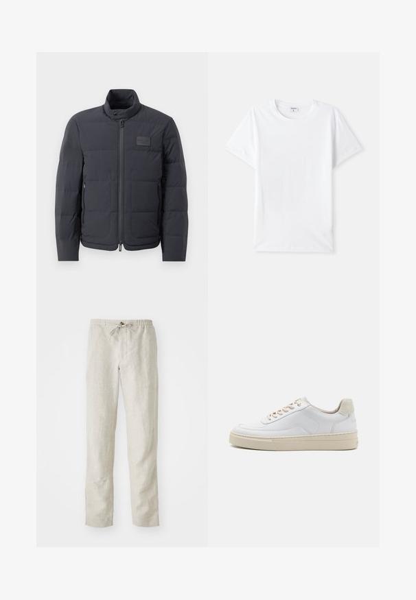 Schwarze Daunenjacke mit hohem Kragen, gestepptem Muster und einem Reißverschluss vorne. Verfügt über ein kleines Logopatch auf der linken Brust und seitliche Taschen.; Weißes Baumwoll-T-Shirt, Rundhalsausschnitt, kurze Ärmel, glatte Textur, keine Muster oder Akzente, einfaches Design, normale Passform.; Helle beige Leinenhose mit geradem Beinschnitt, elastischem Bund, verstellbarem Kordelzug und ohne sichtbare Muster oder Metallteile.; Weiße Sneaker mit einem glatten Lederobermaterial, beigen Schnürsenkeln und einer strukturierten, beigen Wildleder-Fersenschlaufe. Erhöhte Sohle für zusätzlichen Komfort.