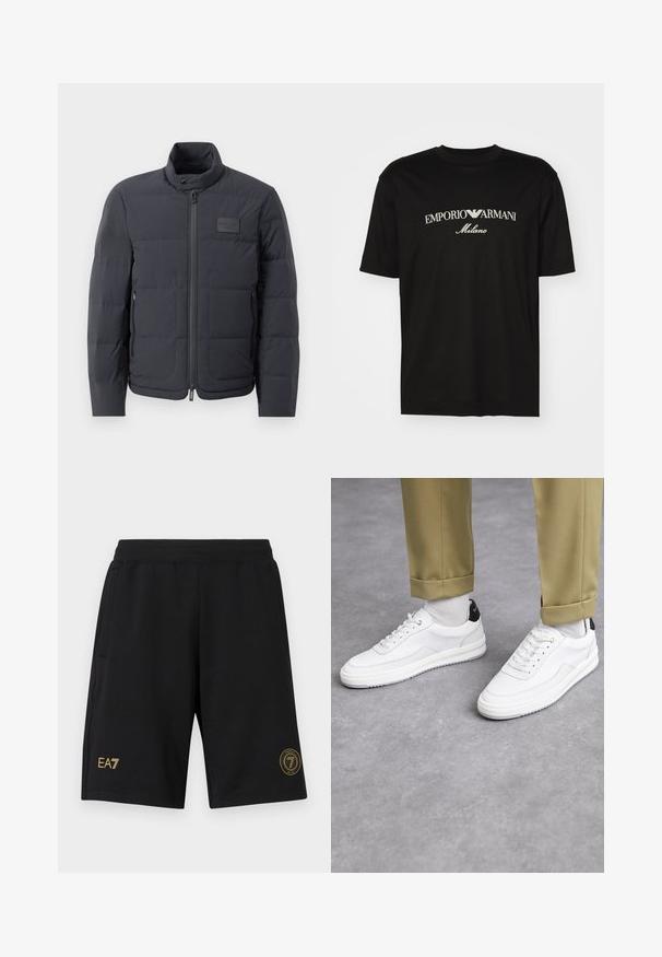 Black puffer jacket with a high collar, quilted texture, and a front zipper. Features a small logo patch on the left chest and side pockets.; Black cotton T-shirt featuring a round neckline, short sleeves, and "EMPORIO ARMANI" logo in white above "Milano" in a curved design.; Black shorts made of soft fabric with an elastic waistband. Features gold EA7 logo on the front and a round accent detail on the side.; White sneakers with a textured leather finish, rounded toe, and black heel accent. Rubber sole with small tread pattern and stitched detail.