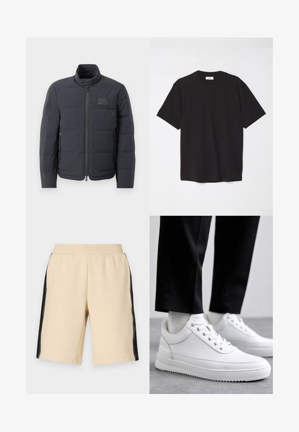 Juodas pūkuotas džemperis su aukštu kaklu, siuvinėta tekstūra ir priekiniais užtrauktukais. Yra mažas logotipo pleistras kairėje krūtinės pusėje ir šoniniai kišeniai.; Juodas medvilninis marškinėlis su apvaliu kaklu, trumpomis rankovėmis ir laisvu siluetu. Paprastas dizainas, lygus paviršius ir be matomų raštų ar logotipų.; Beige šortai pagaminti iš minkštos medžiagos su juodais tinkliniais šonais. Elastingas juosmuo ir tiesios kojų kirpimo linijos. Švelni tekstūra ir minimalus dizainas.; Baltos odinės sportbačiai su plokščiu guminiu padu, pasižymintys lygiu paviršiumi, apvalia nosimi ir metaliniais anga užrišimui. Dėvimi su juodomis kelnėmis.