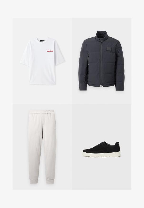 Zwarte pufferjack met een hoge kraag, gewatteerde textuur en een rits aan de voorkant. Beschikt over een klein logo-opdruk op de linkerborst en zijzakken.; Witte katoenen T-shirt met korte mouwen, voorzien van de rode tekst "OBSESSED2" aan de voorkant, links. Klassiek ronde hals ontwerp.; Lichtgrijze sweatpants met een elastische tailleband, zijzakken, geribbelde manchetten en subtiele branding op het been, gemaakt van zachte stof.; Zwarte suède sneakers met vetersluiting en contrasterende witte rubberen zool. Voorzien van textuurpanelen aan de zijkanten en subtiele branding op de hiel.