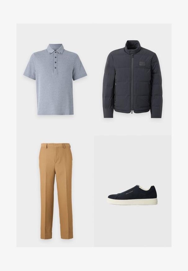 Sort dunjakke med høj krave, kviltet tekstur og lynlås foran. Har en lille logopatch på venstre bryst og sidelommer.; Lys grå kortærmet polo shirt med en knappet placket, krave og en blød, tekstureret stoffinish.; Beige bukser lavet af vævet stof, med lige snit, flad front og bæltestropper. Glat tekstur uden synlige mønstre.; Marineblå ruskinds slip-on sneakers med en hvid gummisål, der har en syet design og diskret branding på siden.