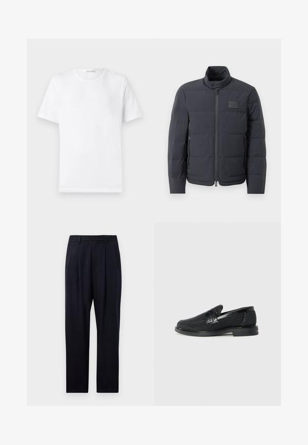 Musta puffatakki korkealla kauluksella, tikattu pinta ja vetoketju edessä. Sisältää pienen logopatchin vasemmassa rinnassa sekä sivutaskut.; Valkoinen puuvillapaita, jossa on pyöreä kaula-aukko ja lyhyet hihat. Rintamuksessa on hillitty kohopainatuslogo. Sujuva tekstuuri, normaali istuvuus.; Tummansinisiä suoria housuja, joissa on teksturoitu kangas, kaksi etupleffaa, vyölenkit ja vetoketjusuljenta.; Musta kudottu liukupohjallinen kenka, jossa on sileä nahkakorostus päällisessä, pyöreä kärki ja matala kumipohja.