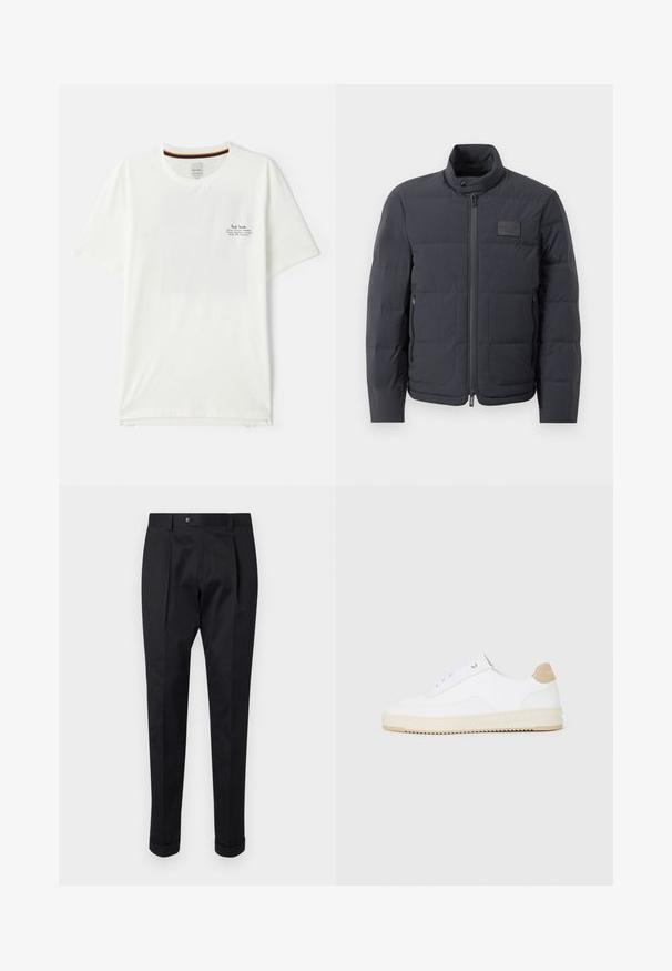Casaco puffer preto com gola alta, textura acolchoada e fecho éclair frontal. Apresenta um pequeno emblema no lado esquerdo do peito e bolsos laterais.; T-shirt de algodão branco com mangas curtas, apresentando um pequeno logótipo impresso a preto no peito e uma risca colorida no interior da gola.; Calças pretas feitas de um tecido suave, com um vinco na frente, fechamento com botão e punhos dobrados no tornozelo.; Sapatilhas brancas de cano baixo com parte superior em couro texturizado, sola cream estriada e detalhe em tan no calcanhar. Apresenta atacadores brancos e detalhe do logótipo no calcanhar.