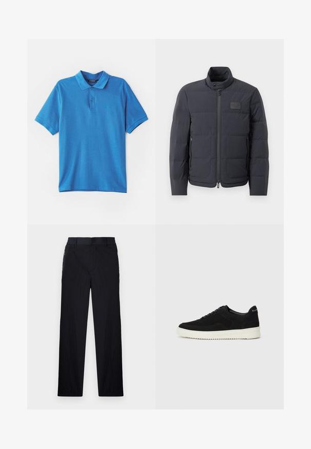 Svart puffjacka med hög krage, quiltad textur och dragkedja framtill. Har en liten logotipp på vänster bröst och sidfickor.; Blå polotröja i mjukt tyg. Har en klassisk krage, treknappars knäppning och en liten logotyp på bröstet.; Svarta byxor med lätt, texturerad tyg, rak benmodell, elastisk midja och sidofickor med dragkedja.; Svarta mockaskor med snörningsdesign och kontrasterande vita gummisulor. Har texturerade sidopaneler och diskret branding på hälen.