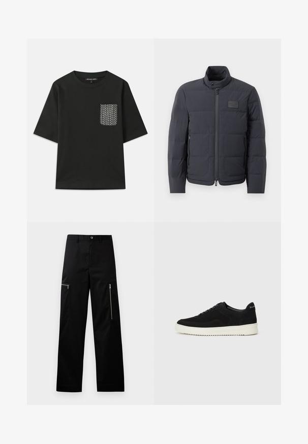 Črna napihnjena jakna z visokim ovratnikom, prešito teksturo in sprednjim zadrgo. Ima majhno logo nalepko na levem prsnem delu in stranske žepe.; Črna bombažna majica s krožnim izrezom in kratkimi rokavi. Ima vzorčasto žepek na levi strani z belimi geometrijskimi vzorci.; Črne cargo hlače iz trpežnega materiala, s pravim krojem, dvema žeparenima žepoma na straneh in klasičnim gumbnim zapiranjem.; Črni semiš teniški copati z vezalkami in kontrastnim belim gumijastim podplatom. Imajo teksturirane stranske panele in subtilno oznako na peti.