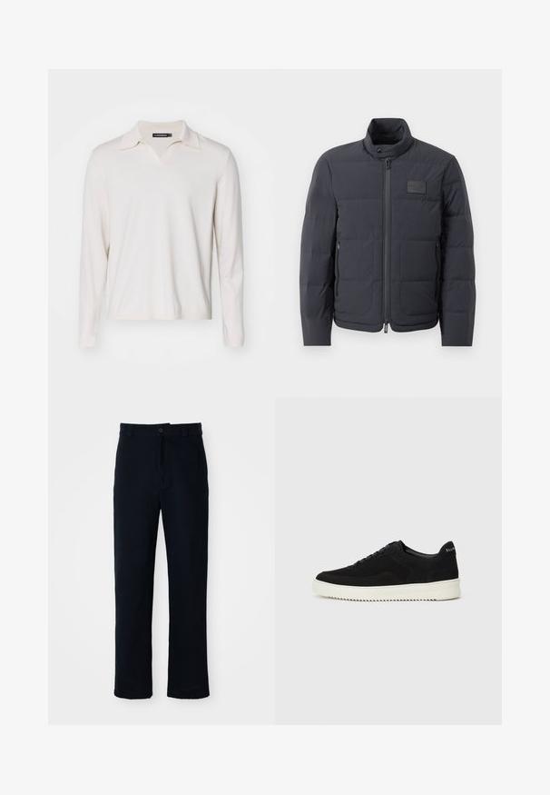 Črna napihnjena jakna z visokim ovratnikom, prešito teksturo in sprednjim zadrgo. Ima majhno logo nalepko na levem prsnem delu in stranske žepe.; Kremna polo majica z dolgimi rokavi in ovratnikom v obliko črke V. Mehka tkanina, rebrasti manšeti in detajli robov. Preprost dizajn brez vzorcev ali akcentov.; Temno modri hlače iz bombaža, s ravnim krojem, sprednjim gumbom in klasičnim pasom z zankami za pas.; Črni semiš teniški copati z vezalkami in kontrastnim belim gumijastim podplatom. Imajo teksturirane stranske panele in subtilno oznako na peti.