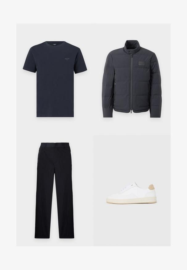 Black puffer jacket with a high collar, quilted texture, and a front zipper. Features a small logo patch on the left chest and side pockets.; Navy cotton t-shirt with a crew neckline, short sleeves, and a small branded logo in gray on the left chest. Smooth texture.; Black trousers featuring a lightweight, textured fabric, straight-leg design, elastic waistband, and side zip pockets.; White low-top sneakers with a textured leather upper, cream ridged sole, and a tan heel accent. Features white laces and logo detail on heel.