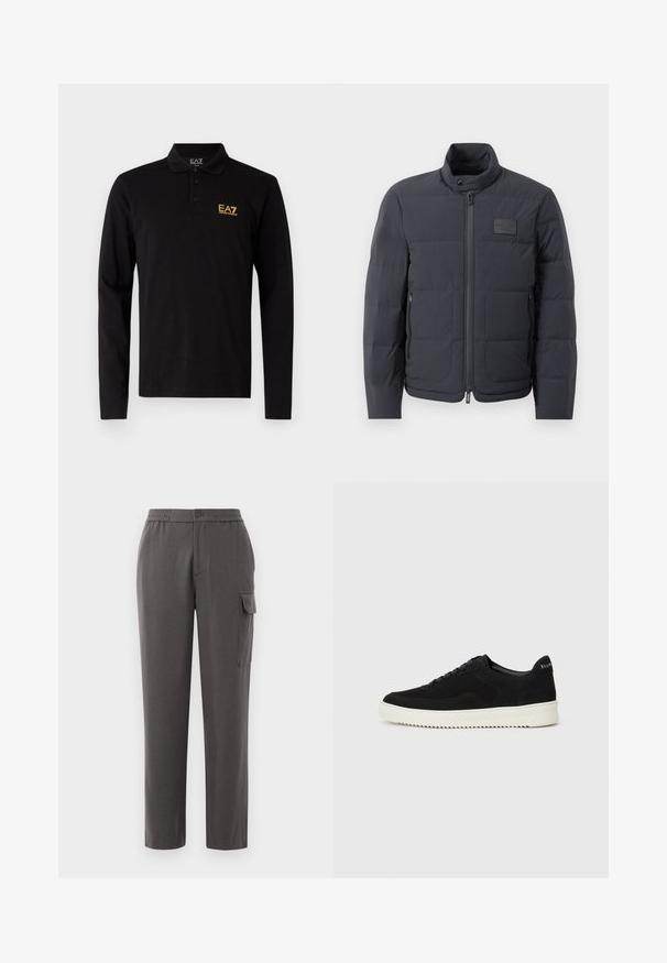 Svart puffjacka med hög krage, quiltad textur och dragkedja framtill. Har en liten logotipp på vänster bröst och sidfickor.; Svart långärmad pikétröja i bomull, med en placket med tre knappar och en kontrasterande gula broderad logotyp på bröstet.; Grå byxor med avslappnad passform, tillverkade av ett slätt tyg. Har knappstängning, sidofickor och en cargoficka på benet.; Svarta mockaskor med snörningsdesign och kontrasterande vita gummisulor. Har texturerade sidopaneler och diskret branding på hälen.