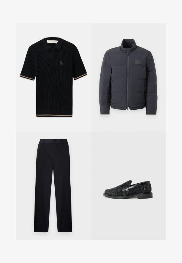 Casaco puffer preto com gola alta, textura acolchoada e fecho éclair frontal. Apresenta um pequeno emblema no lado esquerdo do peito e bolsos laterais.; Polo de manga curta preto com nervuras, colarinho, três botões, acabamento bege nas mangas e na bainha, e logótipo FP bordado no lado esquerdo do peito.; Calças pretas com um tecido leve e texturizado, design de pernas retas, cintura elástica e bolsos laterais com fecho.; Sandalha preta entrelaçada com um accento de couro liso na parte superior, design de biqueira redonda e sola de borracha de perfil baixo.