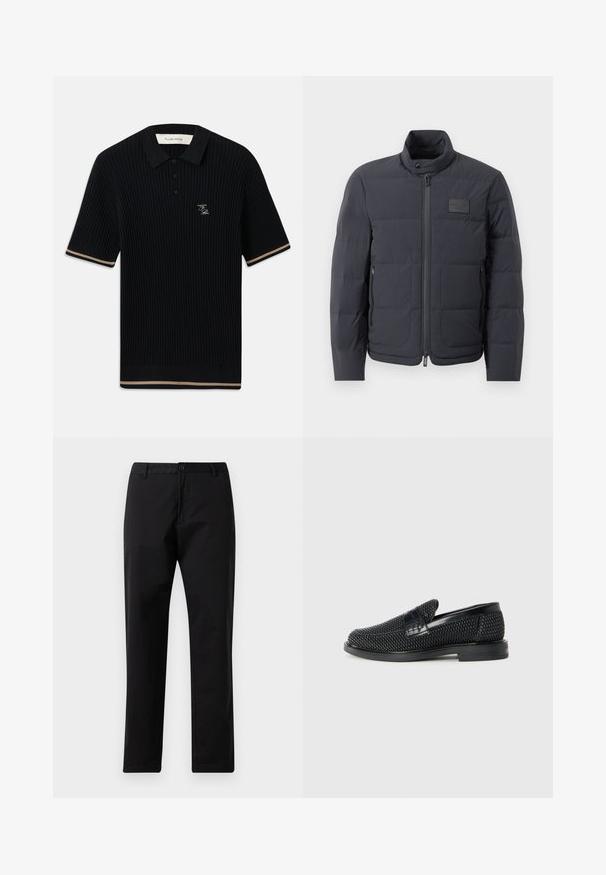 Fekete steppelt dzseki magas gallérral, steppelt textúrával és elülső cipzárral. Bal mellkason egy kis logófolt található, valamint oldalsó zsebek.; Fekete bordázott, rövid ujjú pólóing, gallérral, három gombbal, bézs díszítéssel az ujjakon és az alján, és FP hímzett logóval a bal mellrészen.; Fekete egyenes szabású nadrág gombos és cipzáras záródással, övhurkokkal és elülső zsebekkel, fehér háttérre kihelyezve.; Fekete szőtt slip-on cipő sima bőr díszítéssel a felsőrészen, kerek orral és alacsony profilos gumitalppal.