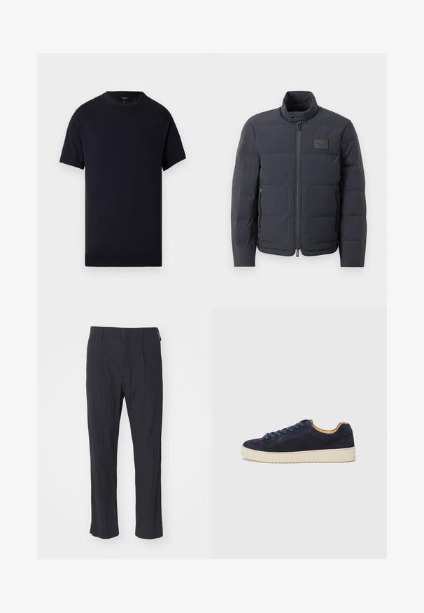Črna napihnjena jakna z visokim ovratnikom, prešito teksturo in sprednjim zadrgo. Ima majhno logo nalepko na levem prsnem delu in stranske žepe.; Temno modra kratkotrajna majica z nežnim bombažem. Ima okroglo izrez in ravno rob z brez vidnih vzorcev ali okraskov.; Črne pliseerane hlače z teksturirano tkanino, ki imajo ravno nogo in standarden pas. Brez vidnih žepov ali dodatkov.; Morske suede nizke tenisice z zaobljenim nosom, off-white gumijastim podplatom in usklajenimi vezalkami; imajo kontrastno rjavo notranje podložitev.