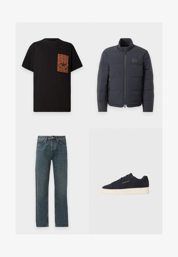 Must musternakk, millel on kõrge kaelus, tikkimise tekstuur ja esi tõmblukk. Iseloomustab väike logopatch vasakul rinnal ja küljetaskud.; Mustatud T-särk pruuni taskuga, millel on reljeefne muster ja logo. Lühikesed varrukad ja ümmargune kaelus. Puuvillane kangas, vabalt istuv.; Tumed sinine denimist teksad sirge jala disainiga, viie tasku, nööbiga sulgemise ja kontrastsete õmbluse detailidega.; Tumedat sinine seemisnahast madala profiiliga tennis, valge tossutald, tumesinised paelad ning küljes kuldne "Filling Pieces" logo.