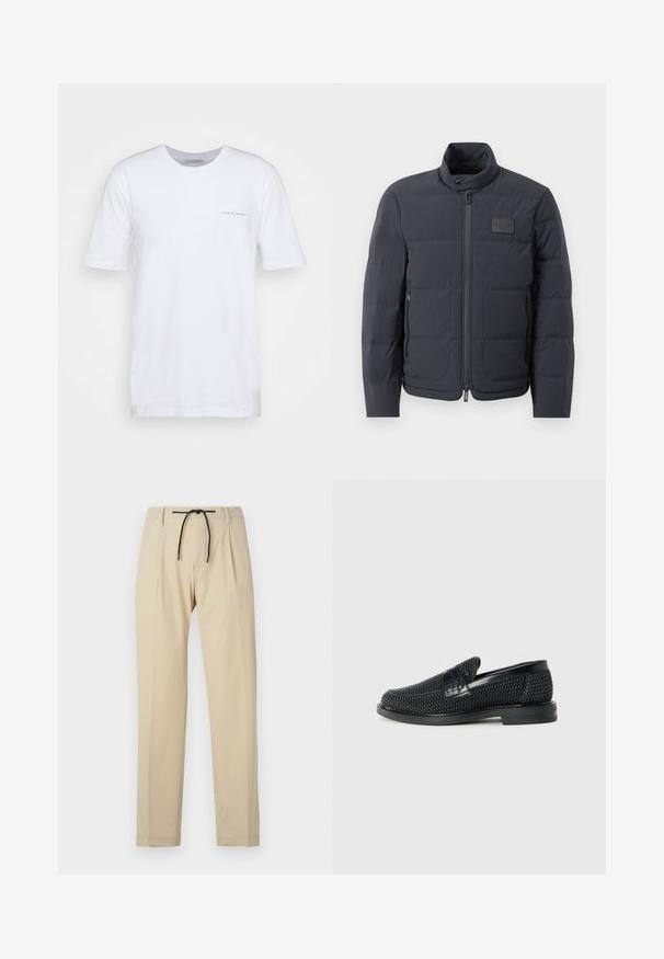 Casaco puffer preto com gola alta, textura acolchoada e fecho éclair frontal. Apresenta um pequeno emblema no lado esquerdo do peito e bolsos laterais.; T-shirt branco de manga curta feito de algodão, com gola redonda e um pequeno logótipo impresso do lado esquerdo. Textura suave, corte casual.; Calças bege com corte reto, apresentando um cós com cordão, frente plissada e textura suave. Design simples e versátil.; Sandalha preta entrelaçada com um accento de couro liso na parte superior, design de biqueira redonda e sola de borracha de perfil baixo.