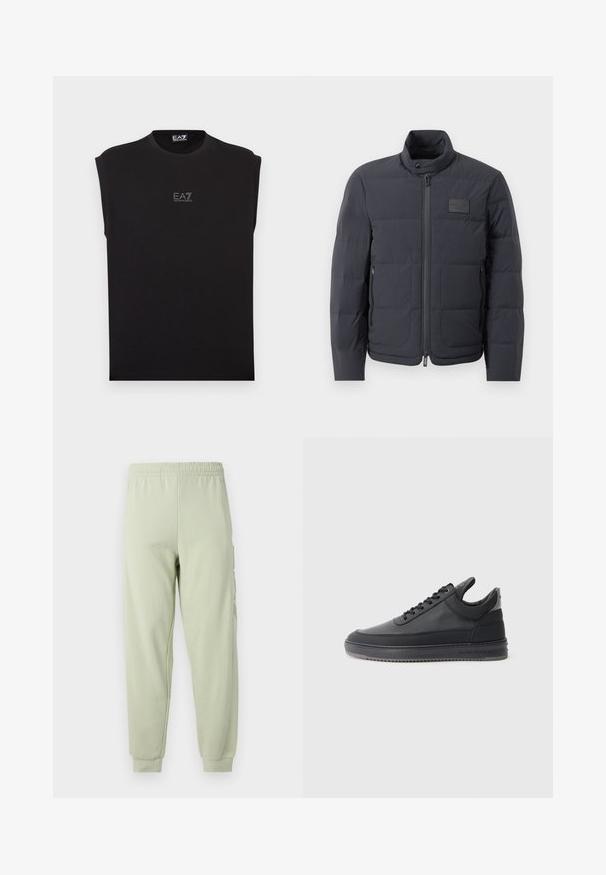 Jachetă puf neagră cu guler înalt, textură matlasată și fermoar frontal. Are un badge logo mic pe pieptul stâng și buzunare laterale.; Tricou negru fără mâneci, cu decolteu la baza gâtului, având un mic logo EA7 în față. Confecționat dintr-un material moale și fin, cu croială lejeră.; Pantaloni de trening verde deschis cu o talie elastică, design cu picior tapered și buzunare laterale. Material neted, ușor, cu un finisaj mat.; Pantofi sport din piele neagră cu o suprafață texturată, design cu sireturi, cu glezna joasă și o talpă din cauciuc gri cu margine zimțată.