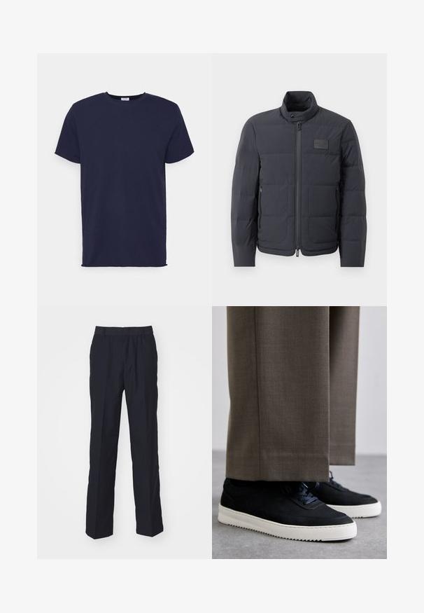 Jachetă puf neagră cu guler înalt, textură matlasată și fermoar frontal. Are un badge logo mic pe pieptul stâng și buzunare laterale.; Tricou navy blue cu mânecă scurtă, realizat dintr-un material moale. Are guler rotund și o croială dreaptă, fără modele sau accente.; Pantaloni bleumarin dintr-un material ușor, cu un design drept, talie elastică și fără buzunare sau modele vizibile.; Tenisi din suede negru cu talpă din cauciuc alb, având vârf rotunjit și șireturi, purtați cu pantaloni gri ajustați.