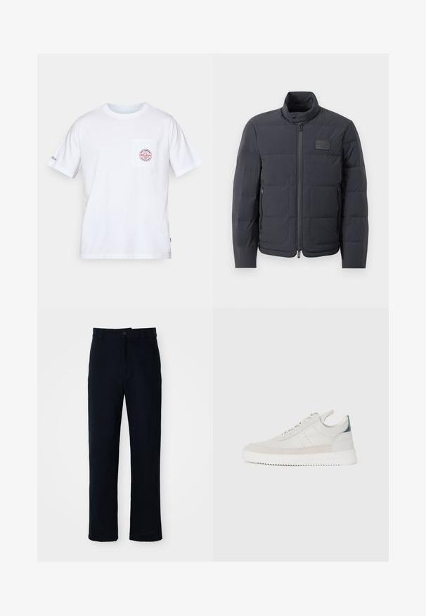 Zwarte pufferjack met een hoge kraag, gewatteerde textuur en een rits aan de voorkant. Beschikt over een klein logo-opdruk op de linkerborst en zijzakken.; Witte katoenen T-shirt met een ronde hals, korte mouwen en een borstzak met een rood en blauw logo ontwerp. Standaard pasvorm.; Marineblauwe broeken van katoen, met een recht model, een sluiting met een knoop aan de voorkant en een klassieke tailleband met riemlussen.; Witte leren sneakers met grijze suède accenten, vetersluiting, een trekhaak en een gestructureerde rubberen zool met een zigzagpatroon.